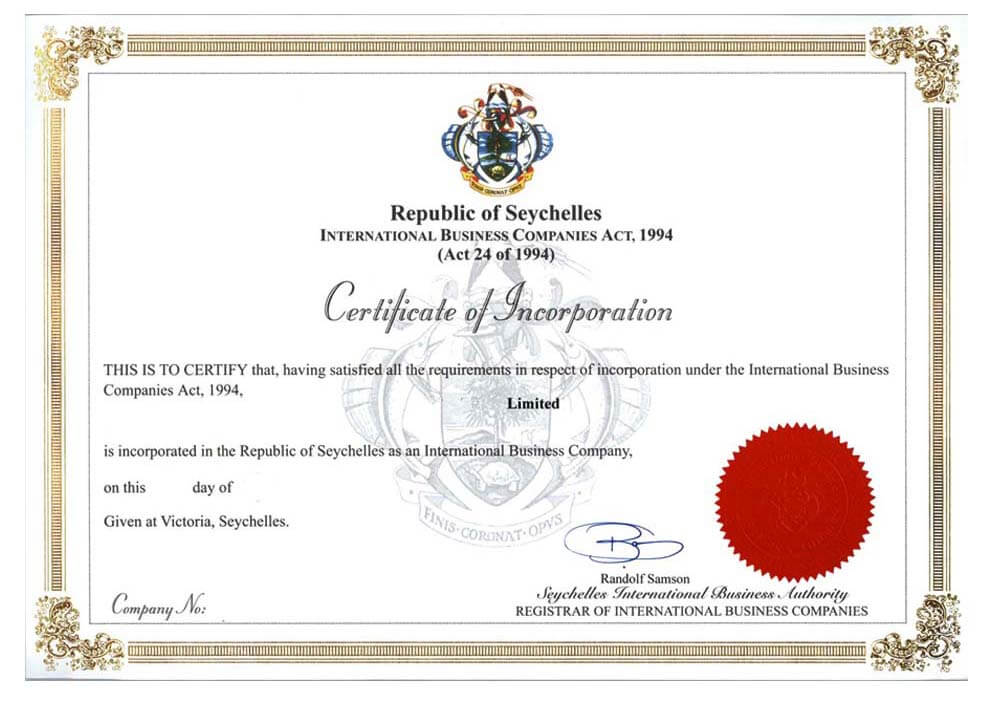 Seychelles Company Certificate
