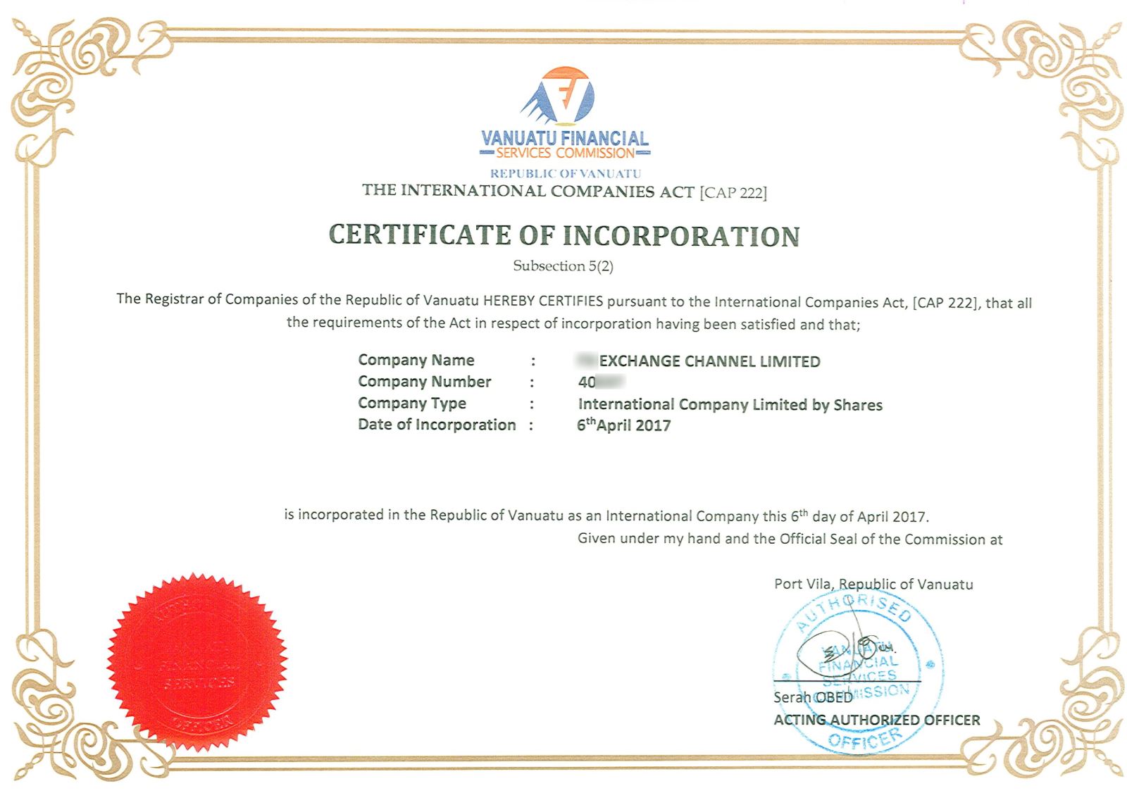 Vanuatu Company Certificate