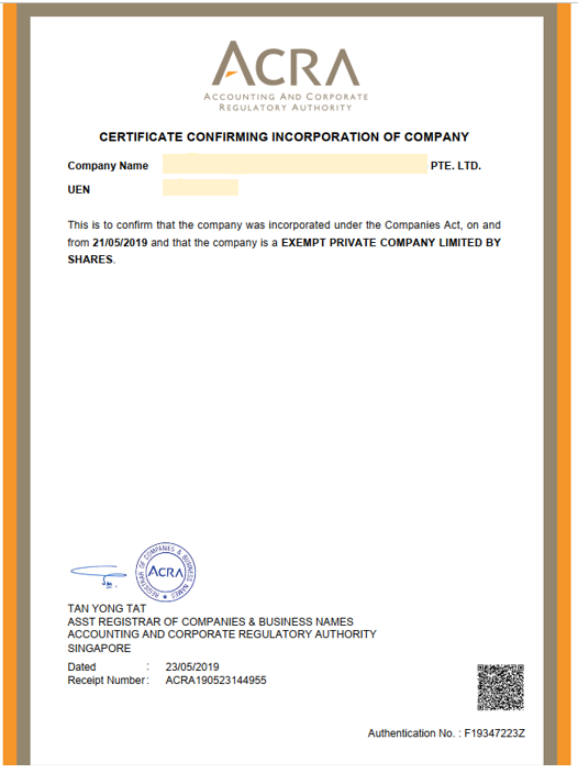 Singapore Company Certificate